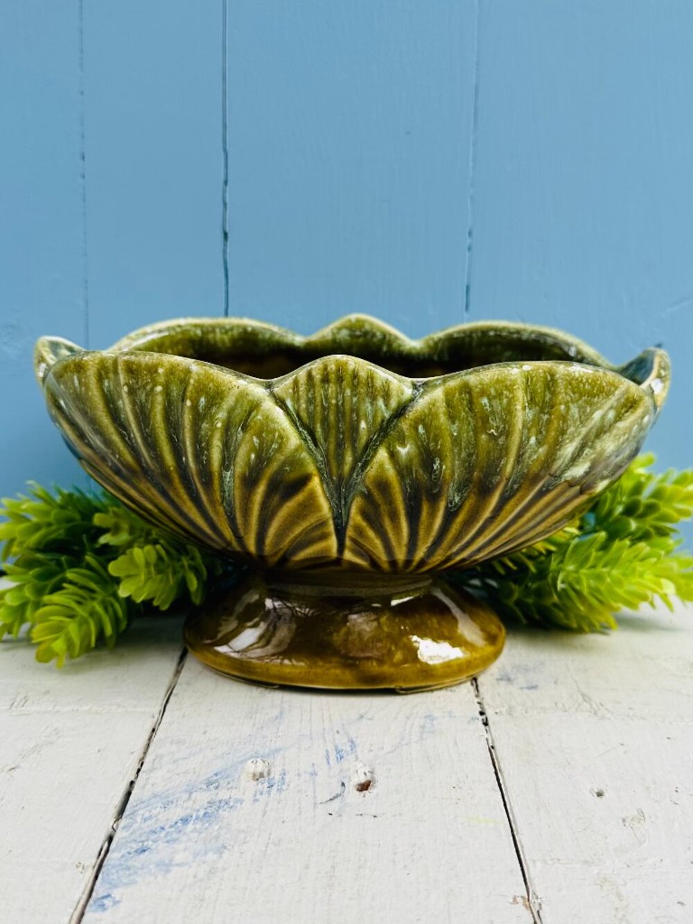Vintage Mid Century Olive Green Planter, Shawnee Pottery, Fan Shaped Footed Pot